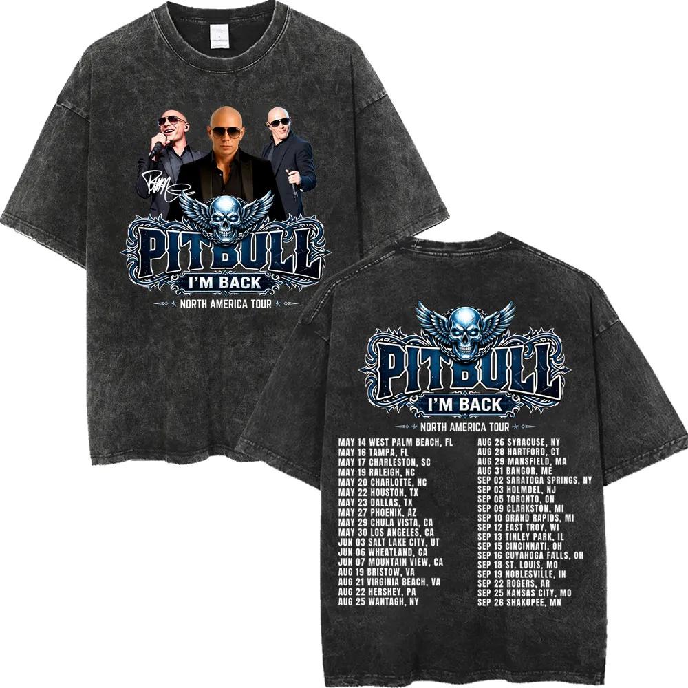 Vintage Washed Pitbull I'm Back Tour 2026 T-shirt Rapper Mr. Worldwide Graphic T Shirts Men Women Fashion Trend Hip Hop T-shirts13