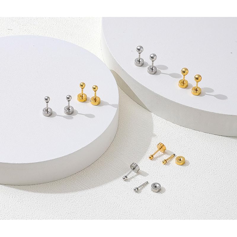STJARNA Leave It On Earrings Screw Type 3 Pair Set Simple Ball Surgical Stainless Steel Compatible with Metal Allergies Inconspicuous Silver Men's