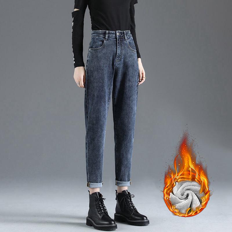 Женские плюшевые зимние джинсы с высокой талией - плотные, теплые, свободные прямые брюки-морковки