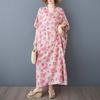 2025 Summer Women Printing Linen Plus Size Long Dress Short Sleeve Vintage Casual V-Neck Basic Loose Dress