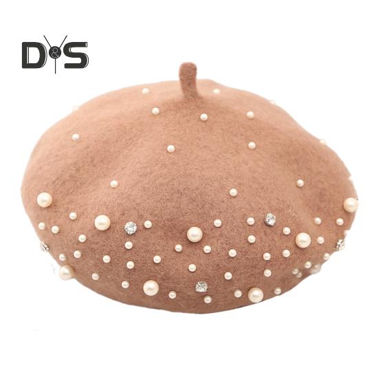 Женский берет с искусственным жемчугом и стразами, винтажная шерстяная шляпа в английском стиле без полей, однотонная, с регулируемыми лямками, кепка-тыква