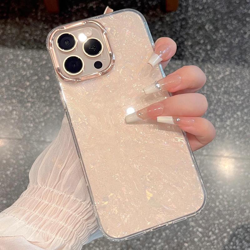 Роскошный блестящий чехол с лазерным рисунком ракушки для iPhone 12 13 14 15 16 Pro Max Plus с гальваническим покрытием, мягкий ударопрочный чехол из IMD