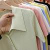 Women Summer Ice Silk Polo Collar Top Knitted Sweater T-shirt Top Unique Short-Sleeve Single-breasted Solid Color