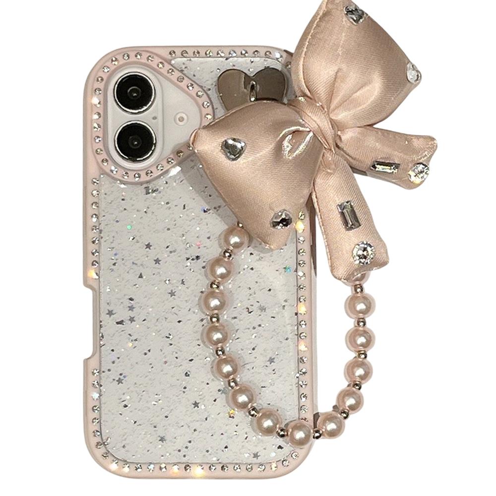 For iPhone 16 Plus Case Glitter Epoxy Design TPU+PC Phone Back Cover with Bow Strap,Rhinestone Decor