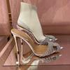 Прозрачные туфли на высоком каблуке женские 2025 новый летний страз тонкий каблук острый носок фея ветер серебристые красивые с сумкой сандалии