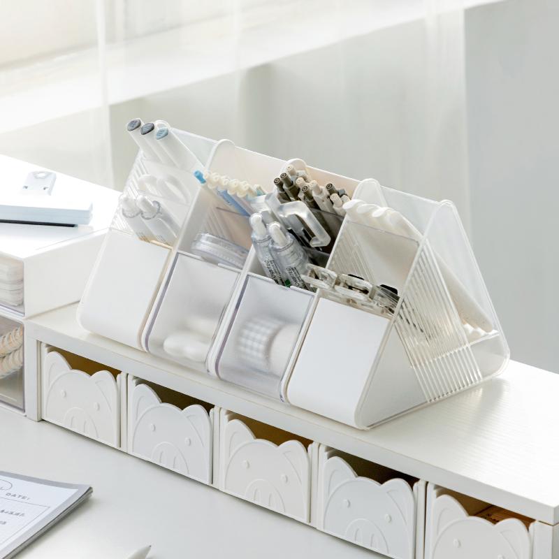 Plastic Slanted Pen Holder Multi Compartments Clear Slots Durable Desk Organizer for Home Office School Student Stationery Storage