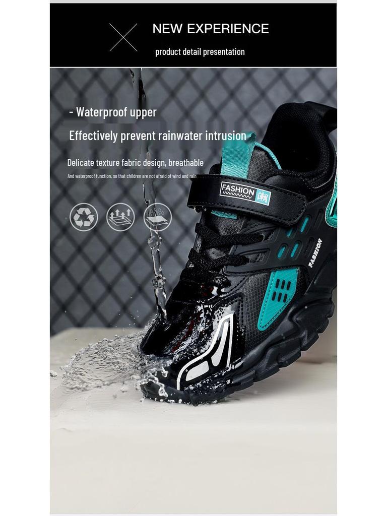 Kids' Waterproof Non-Slip Leather Sports Shoes with Magic Strap for Boys