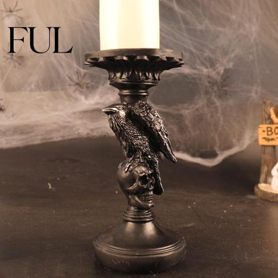 Black Matte Tabletop Decor Gothic Candlestick Holder, Halloween Resin Raven Skull Pillar Candle Goth Room Accessories Vintage Spooky Taper Stand