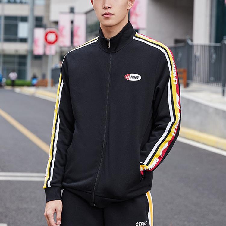 Li Ning Повседневная спортивная куртка с воротником-стойкой и молнией на всю длину, куртка унисекс, стандартная, черного цвета AWDQ368-12