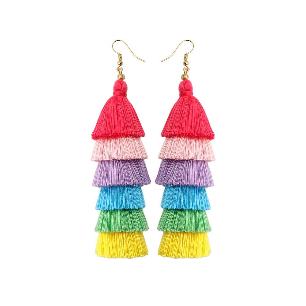 Богемные радужные серьги с кисточками, висячие серьги, многослойные серьги с кисточками, парадные аксессуары