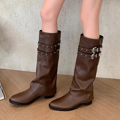 Осень-зима Ins Style высококачественные мотоциклетные ботинки 2024 года новые женские ретро-сапоги с пряжкой на ремне и заклепками для подиума