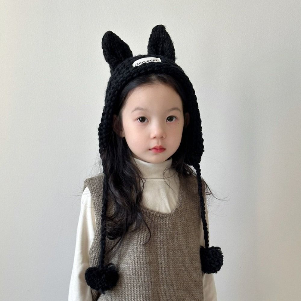 Solid Color Hand Knitted Cap Rabbit Ear Ear Protection Cap Korean Baby Crochet Hat Kids
