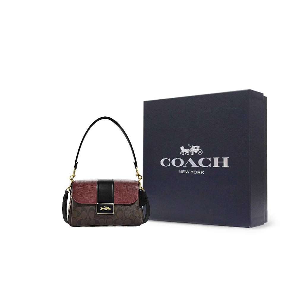 New COACH Grace Artificial Leather Bonded Sheepskin Shoulder Bag Portable Crossbody Bag Shoulder Bag Women's Brown & Red CC066-IMOSN