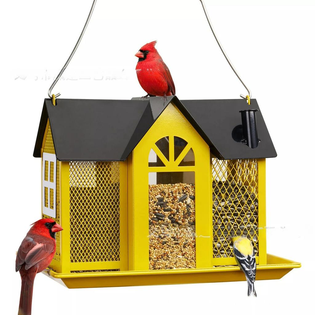 Vibrant Red Metal Bird Feeder House - Triple Feeding Station with Weather-Resistant Design, Attracts Cardinals, Sparrows