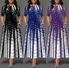 Women's Fashion Round Neck Printed Patchwork Long Dresses Half Sleeve High Waist Split Dresses Buttons Decorated Elegant Party Dresses Maxi Dress