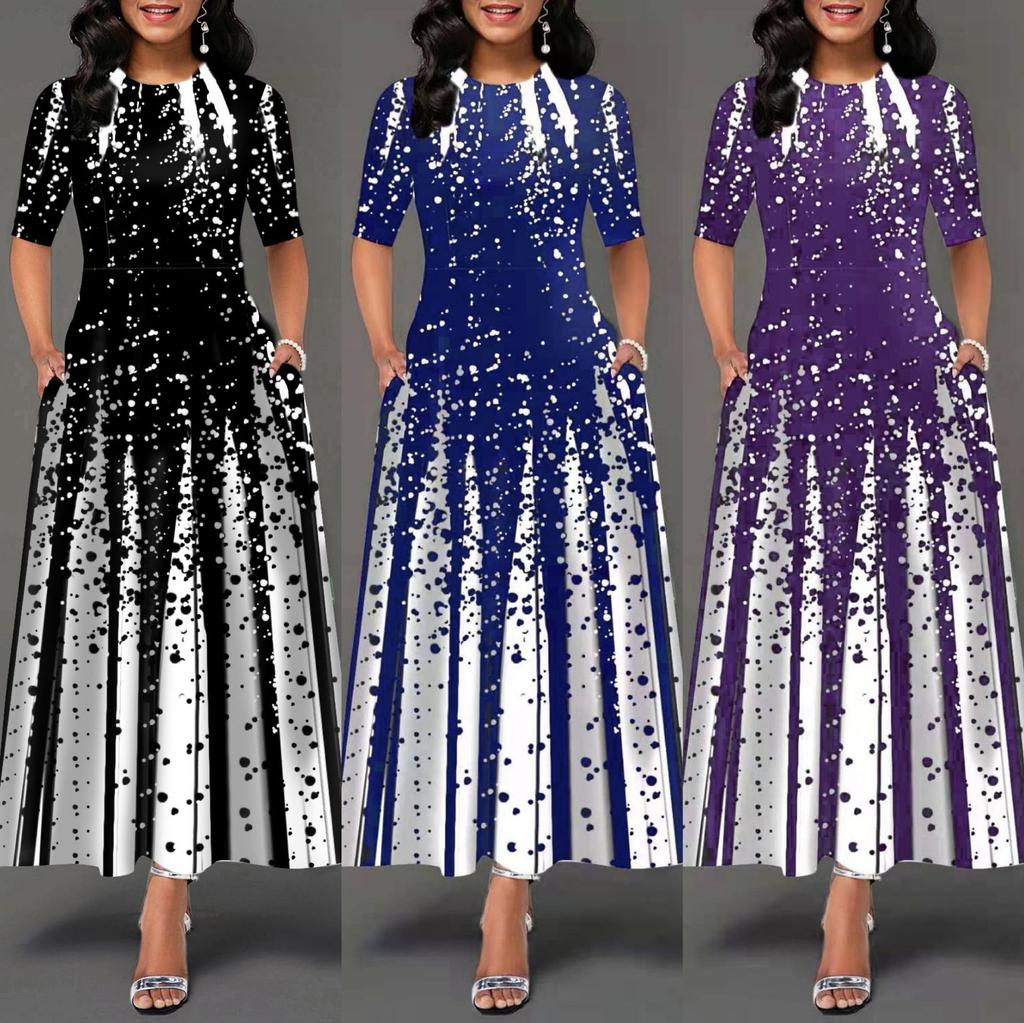 Women's Fashion Round Neck Printed Patchwork Long Dresses Half Sleeve High Waist Split Dresses Buttons Decorated Elegant Party Dresses Maxi Dress
