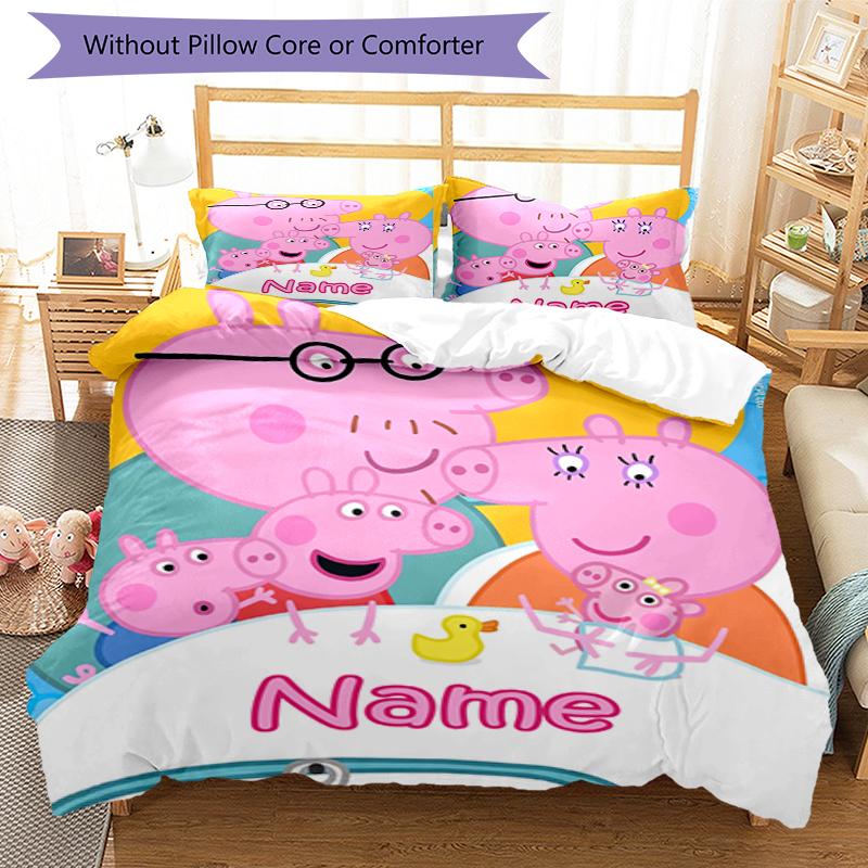 3pcs Custom Name Peppa Pig Bedding Set Duvet Cover Closure Includes 1 Duvet Cover & 2 Pillowcases, Soft and Comfortable for All Seasons.