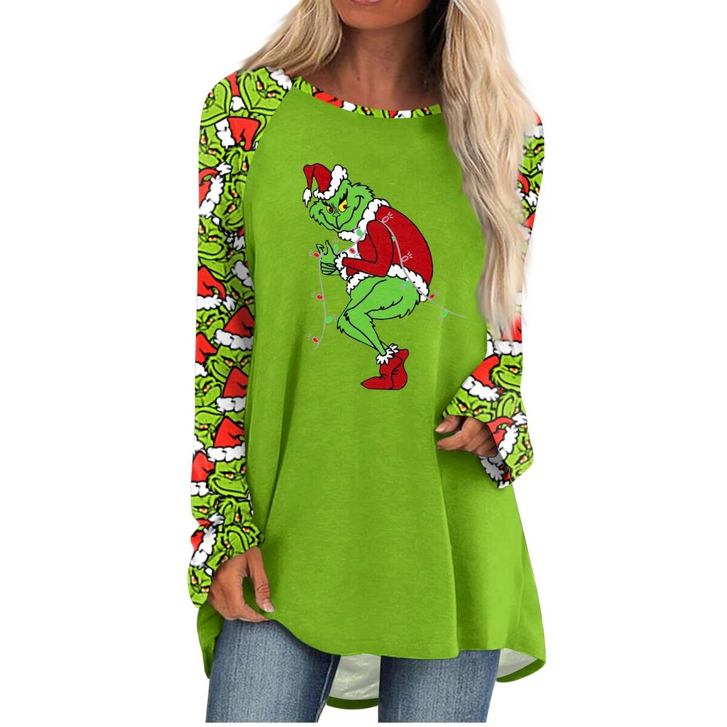 Women's Fashion Casual Long Sleeve Christmas Print Round Neck Pullover Top Blouse