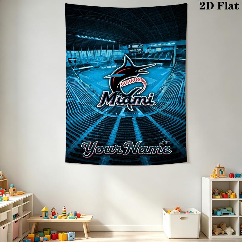 Name Custom Miami Marlins Logo Wall Tapestry Aesthetic Wall Hanging Printed Fabric Blanket Decorative Tapestries for Bedroom Living Room Home Decor