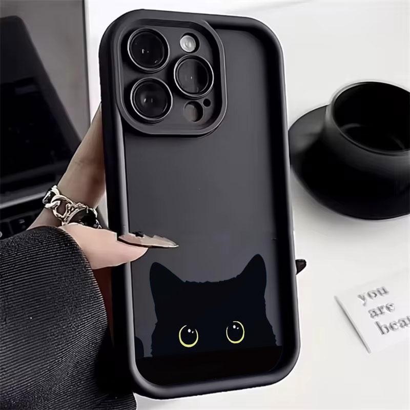 Для iPhone 17 16 15 14 Pro Max 13 12 11 Pro Max XS XR X 15 14 Plus 17 Air Чехол с графикой Черный Кот Ударопрочный Мягкий Матовый Чехол