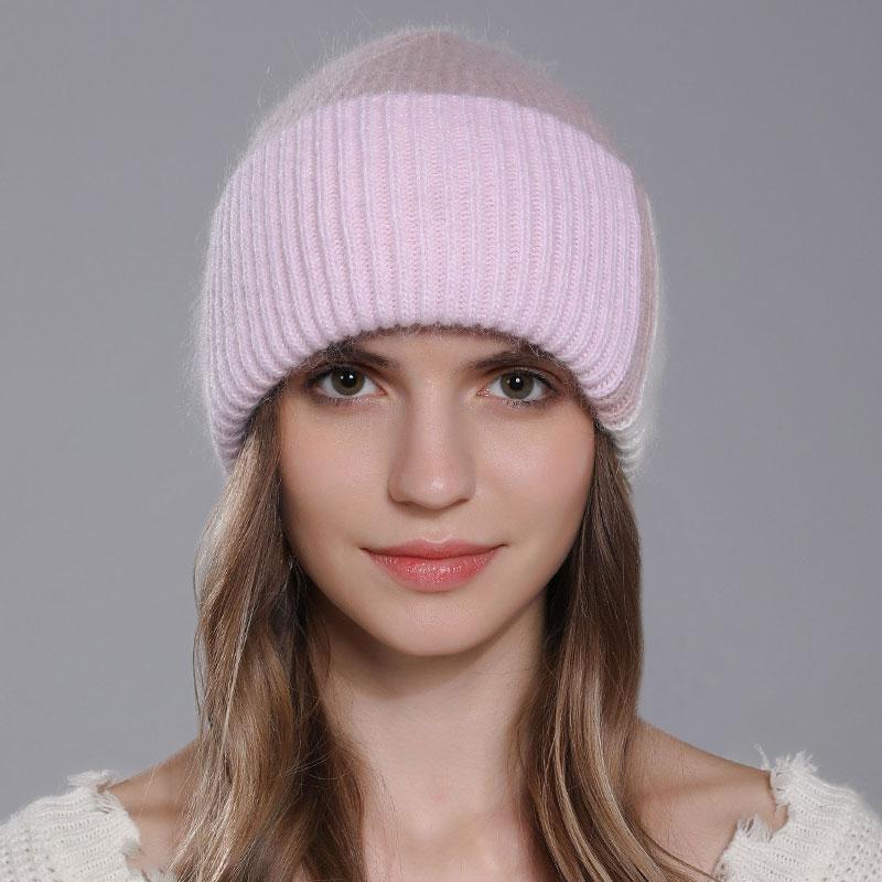 CNTANG 2024 New Fashion Color Splicing Knitted Women's Hats Warmth Angora Rabbit Fur Hat Winter Beanie for Lady Adult Female Cap