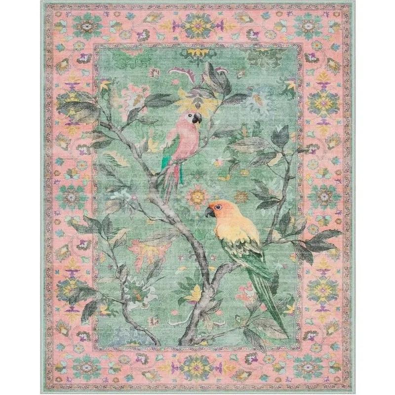 Floral Birds Pattern Area Rug Flower Bird Carpet for Living Room Bedroom Bedside Soft Non-Slip Washable Floor Mat Home Decor