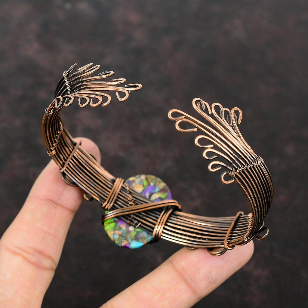 Fiesta Kingman Бирюзовый браслет Медная проволока Обернутый браслет Мультимедный бирюзовый браслет-манжета Регулируемый браслет Ювелирные изделия с медными драгоценными камнями