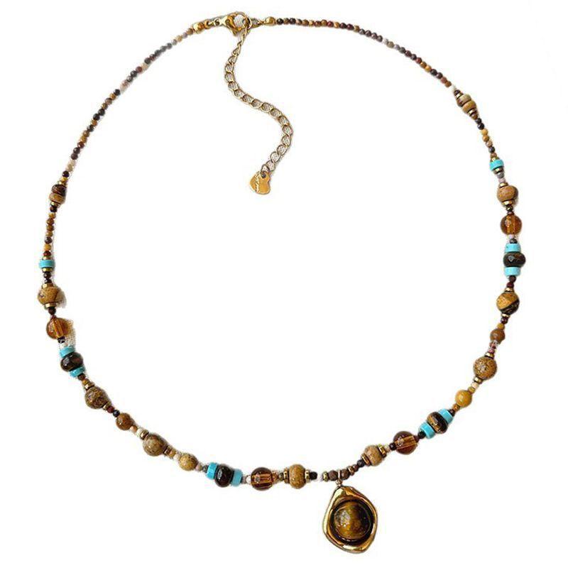 Tiger Eye Beaded Necklace - Natural Stone Clavicle Chain for Women, Titanium Steel