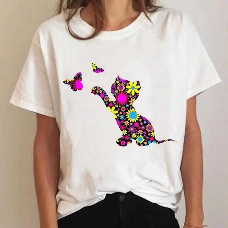 Cat Plant Lovely 90s Vintage Fashion Clothing Printed T-shirt Summer Lady Short Sleeve Harajuku Cartoon Graphic Elegant T Shirt Unisex
