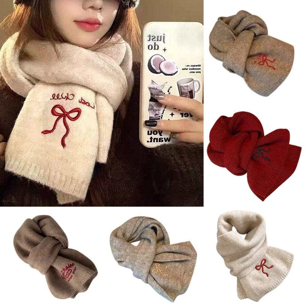 Bow Embroidered Neck Warmer Thicken Knitted Scarf Soft Shawl Outdoor