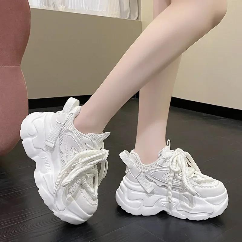 Мода Мода Кроссовки на высокой платформе Женские Весна Осень На шнуровке Комфорт Вентилируемые Нескользящие Клинья Обувь для увеличения роста Обувь