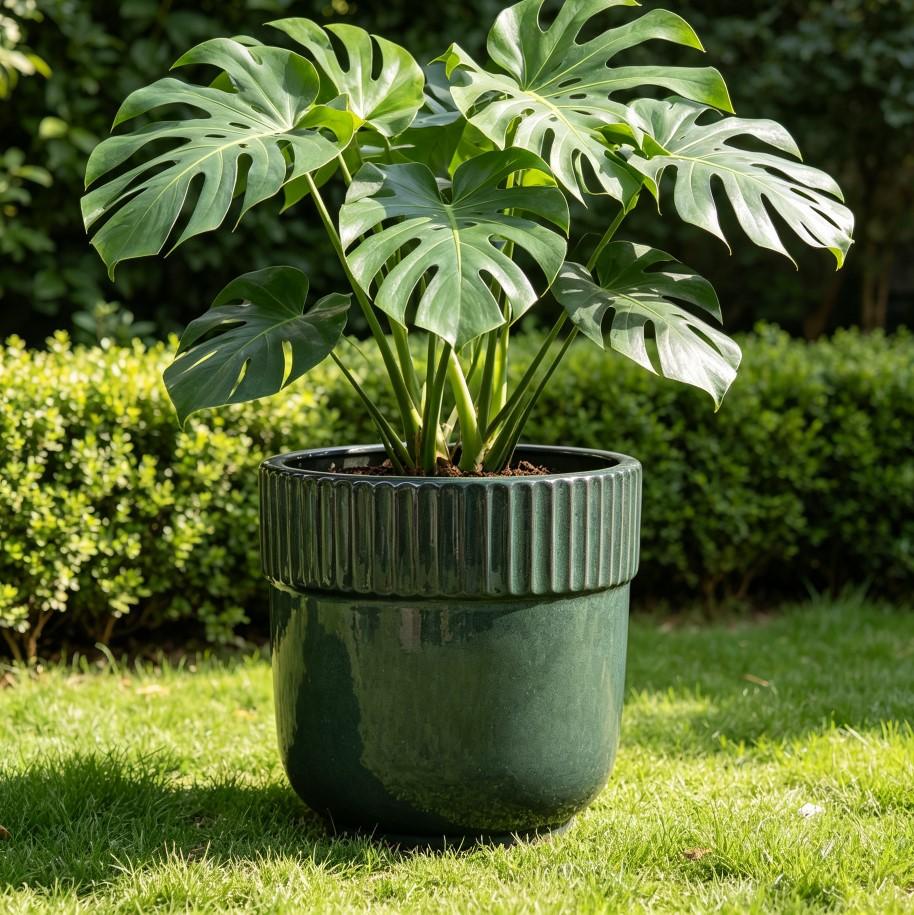 Single Handmade Ceramic Planter (diameter 38 cm), Glossy Dark Green, Vertical Grooved Rim, Breathable, Frost-Resistant, with Drainage Holes for Plants