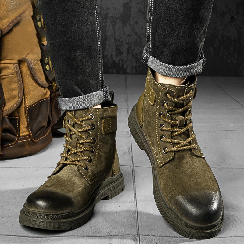 Модные мужские высококачественные рабочие ботинки, брендовые ковбойские сапоги с толстой подошвой, высокие нескользящие теплые повседневные ботинки, кожаные ботинки со шнуровкой и круглым носком