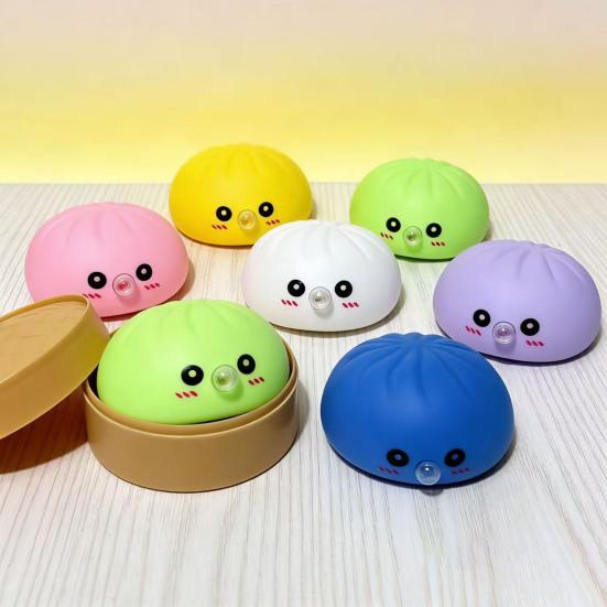 12Pcs Bubble Blowing Steamed Bun Cartoon Dumpling Sensory Toy with Steamer Pinch Fidget Toy Stress Relief