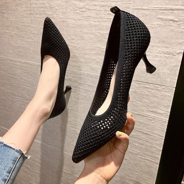 Women Pumps Summer Comfortable Triangle Heeled Party Shoes Stiletto Sexy Single Shoes Flying Woven Mesh Breathable Women Shoes