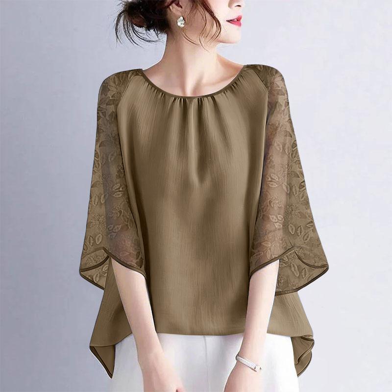 ZANZEA Женская повседневная блузка с сетчатыми вставками, рукавом 3/4, свободного кроя, с круглым вырезом