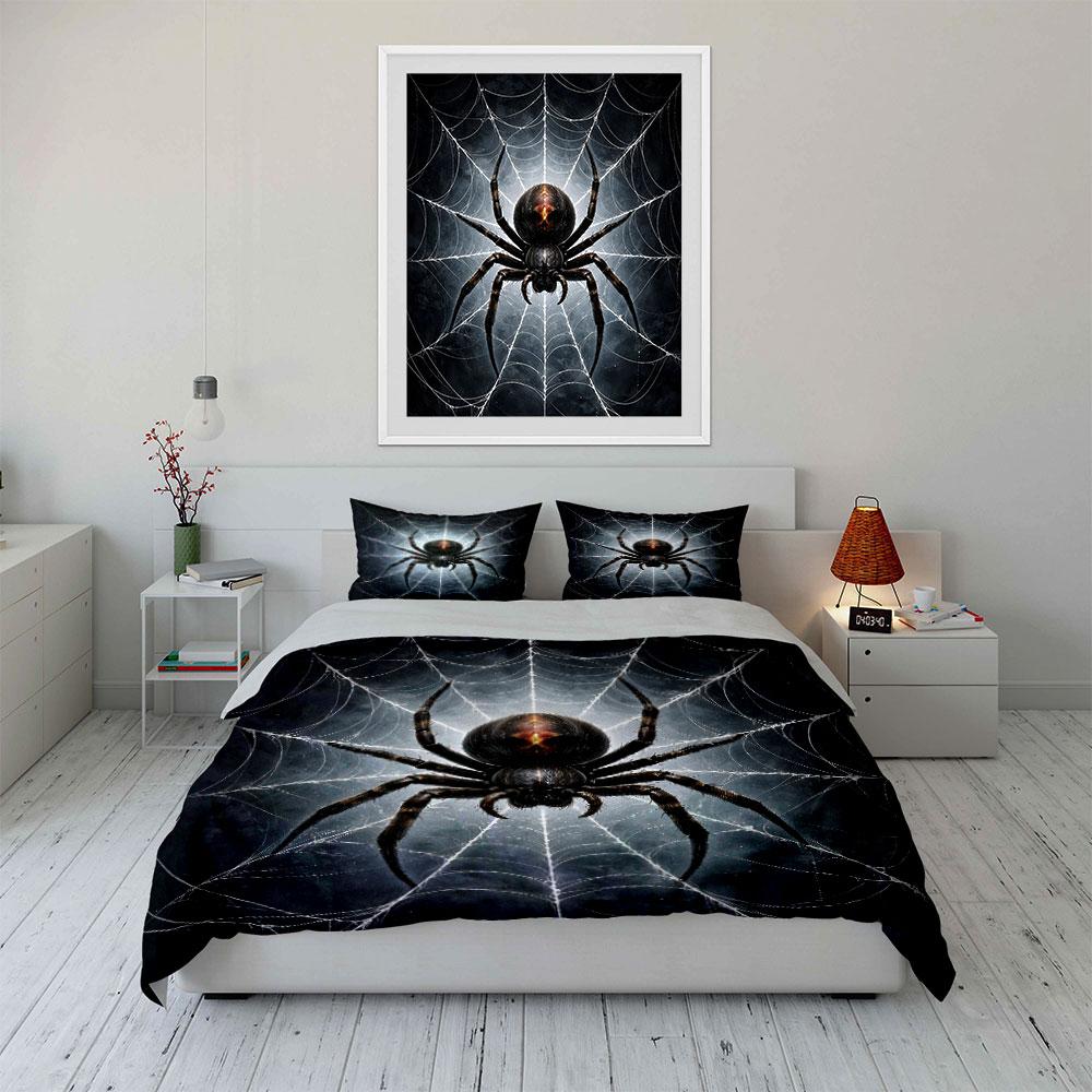 Black Spider With Symmetric Web Pattern Duvet Cover Set Digital Print Colorful Polyester Bedding With Zipper Closur For Gifts