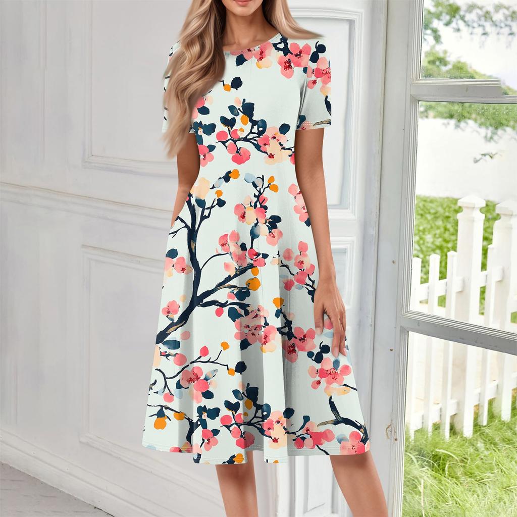 Женское свободное повседневное и модное платье с круглым вырезом и короткими рукавами, средней длины с принтом