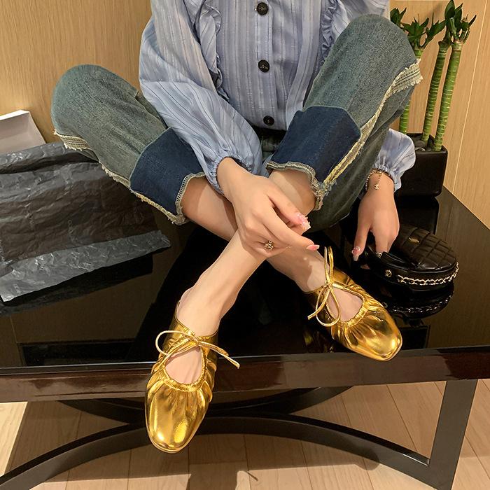 Французские плиссированные полутапочки Baotou на шнуровке, женские серебристые туфли Мэри Джейн, элегантные и просторные, нежные классические женские туфли