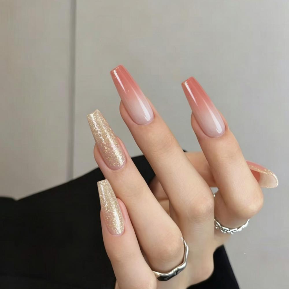 Elegant Long Manicure Patches, Fake Nail Patches, Simple Pink Gradient Glitter Wear Nails