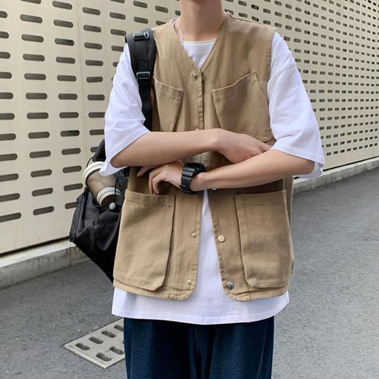 Мужской жилет-карго без рукавов, однобортный дизайн с карманами, спортивный однотонный жилет, уличная уличная одежда