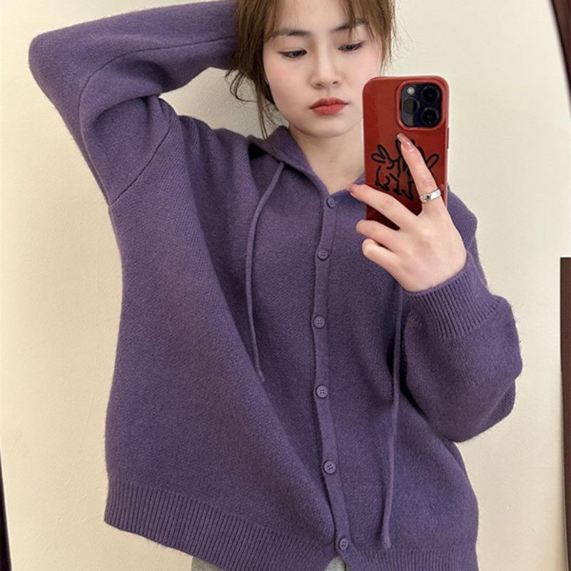 Корейский свитер, однотонный вязаный кардиган с капюшоном, женский весенне-осенний свитер, куртка, свободный повседневный свитер с шалью, женский кардиган