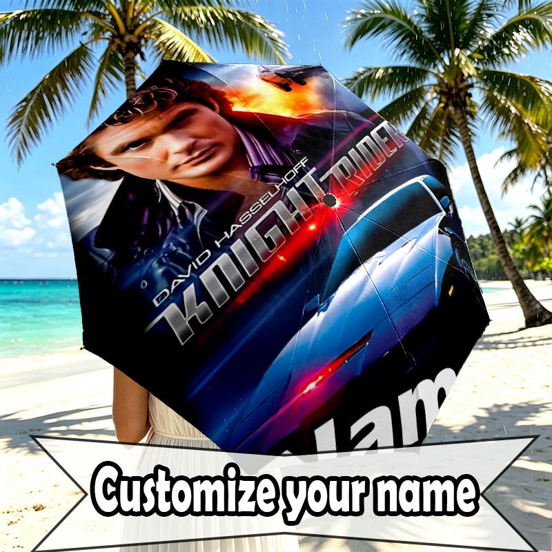 Custom Name Personalized Knight Rider Print Umbrella, Auto Open Close, 8‑Rib Sturdy Frame, Commute Camping Hiking Use, Birthday Gift