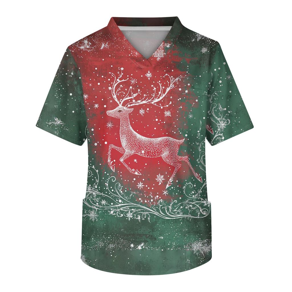 Мужской топ с коротким рукавом, V-образным вырезом, рождественским принтом и нагрудным карманом