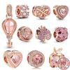 Rose Gold Sparkling Levelled Heart Beads Pink Air Balloon Charms 925 Sterling Silver Jewelry Fit Original Fasion Bracelet