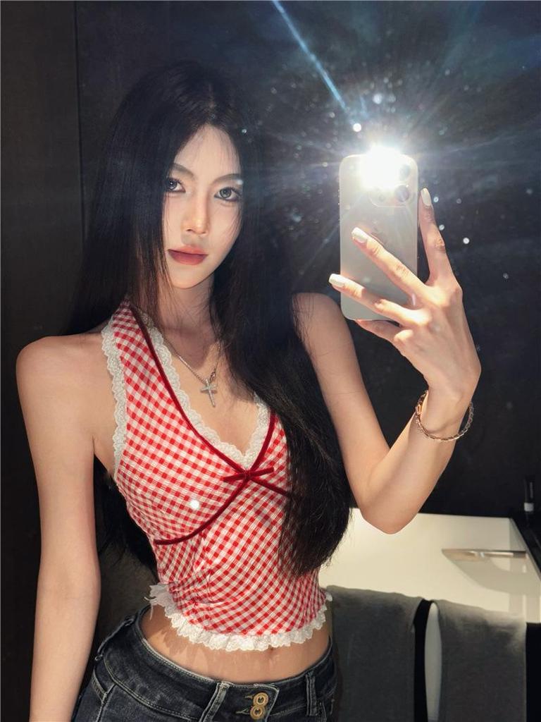 Чистый и Сексуальный Красный Клетчатый Кружевной Топ-Холтер - Женская Летняя Майка