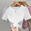 Short-sleeved T-shirt for Women's New Chinese Style Women's Clothing New Chinese Round Neck T-shirt Irregular Design Slit Top
