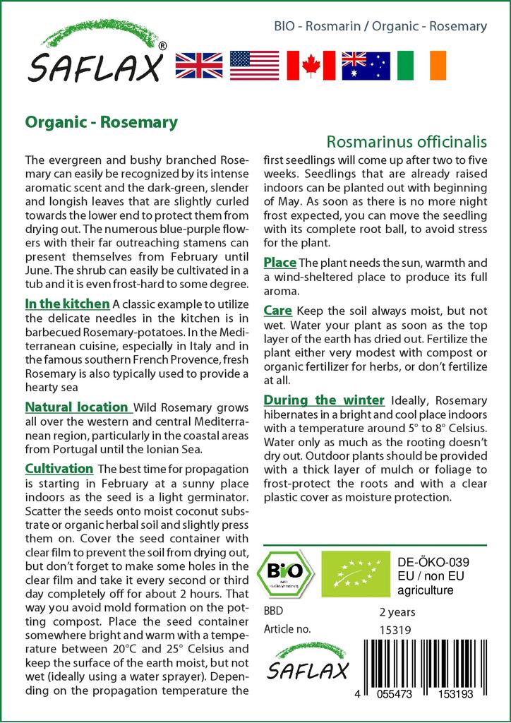 SAFLAX Garden in the Bag - Органический - Розмарин - 40 семян - С субстратом в удобном стоячем пакете - Rosmarinus officinalis