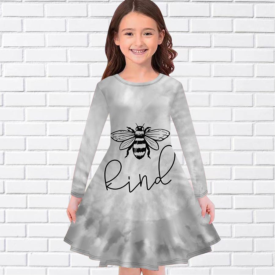 Повседневное платье для девочки с принтом маленькой пчелки и круглым вырезом, с длинными рукавами, детское платье принцессы