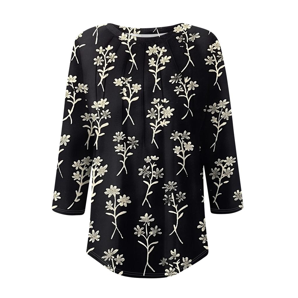 Женская модная повседневная футболка с круглым вырезом и рукавом семь четвертей в стиле ретро с принтом, плиссированная футболка